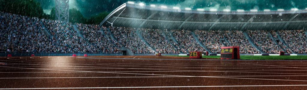 Outdoor floodlit stadium full of spectators under evening sky and rain. Image made in 3D.